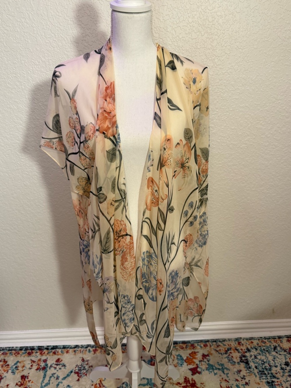 Sonoma Cream Sheer Floral Kimono with Peach & Blue Blooms